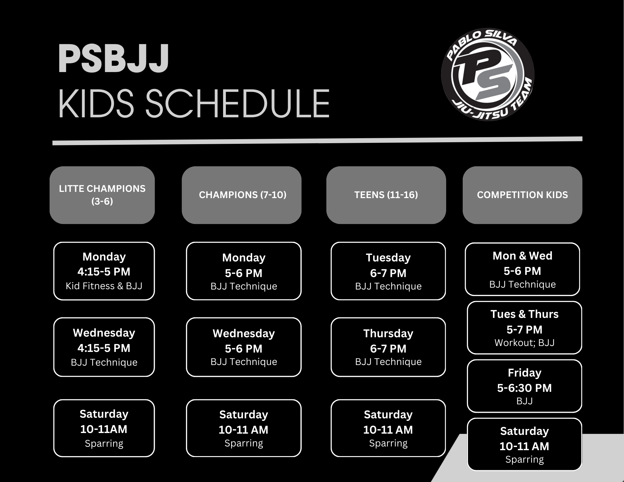 Pablo Silva BJJ 2026 kids class schedule